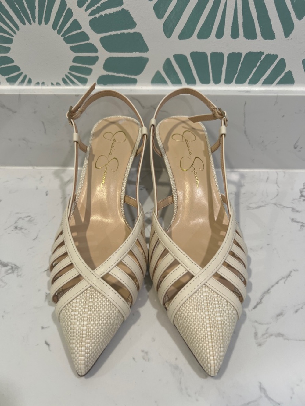 Jessica Simpson Ivory Woven Pointed Slingback Heels